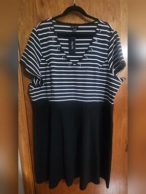 City Chic Black and White Striped Lace-Up Midi Dress